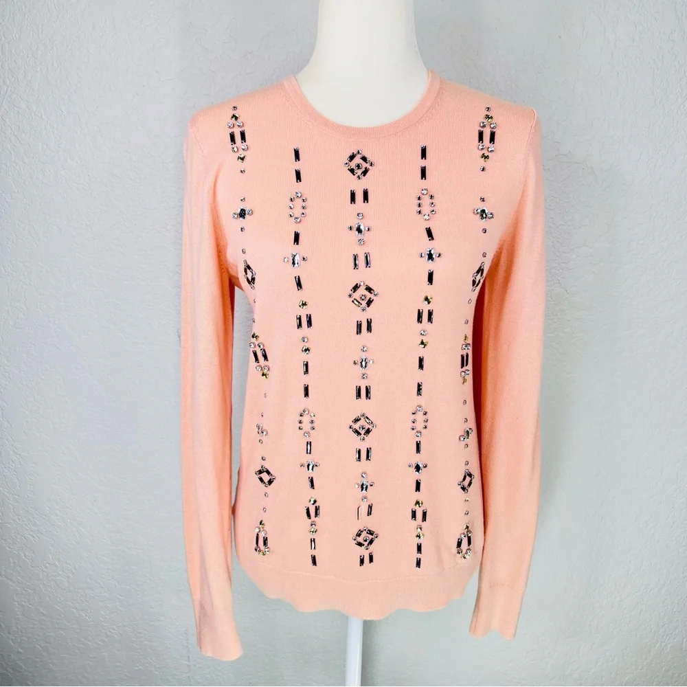 Ann Taylor Blush Pink Gemstone Embellished Wool Blend Knit Crew Neck Sweater